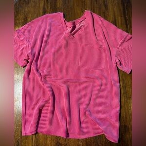 Pink Striped V-Neck Shirt with Pocket